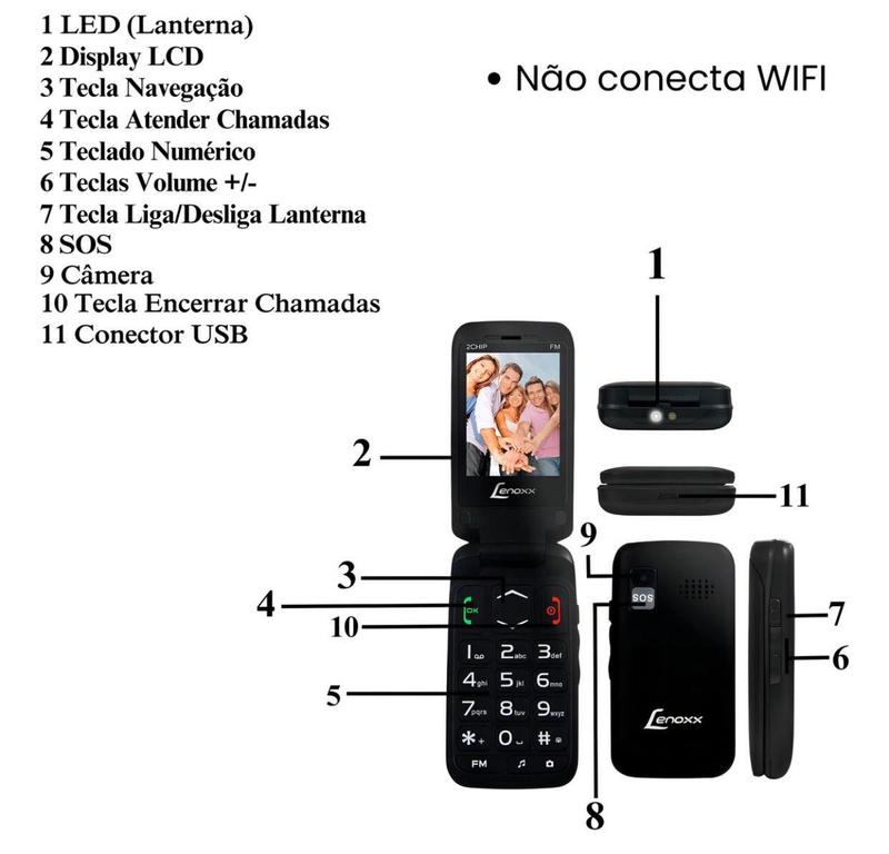 Celular Simples Flip Lennoxx CX908 Preto 32Mb Rádio Para Idosos